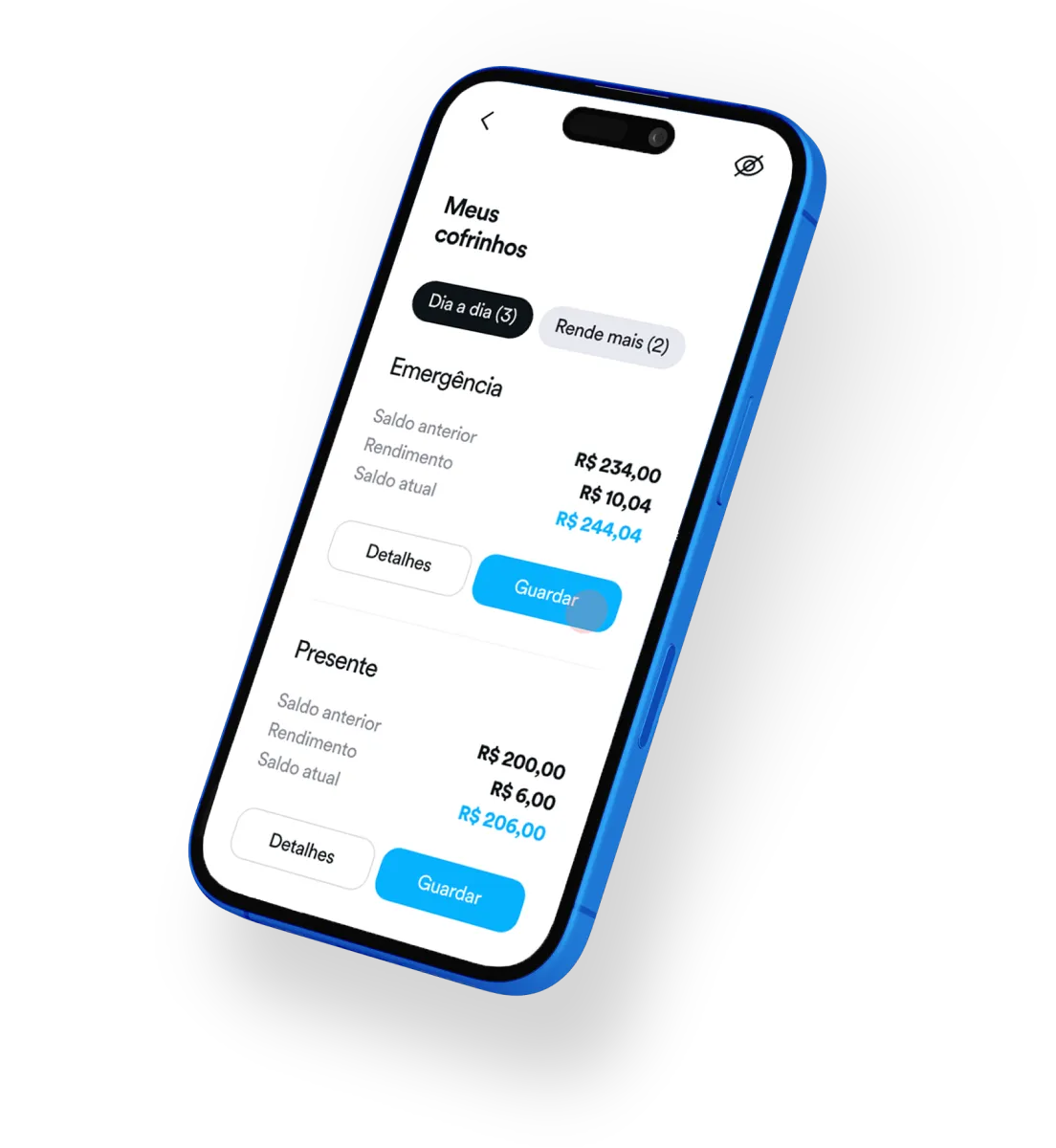 Celular com a tela aberta no aplicativo do Banco PAN demonstrando a tela de Meus Cofrinhos
