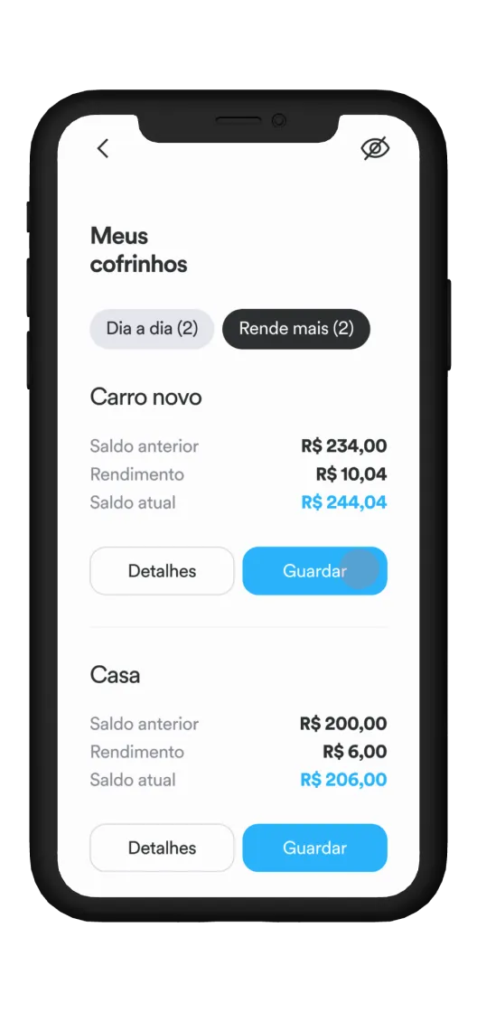 Celular com a tela aberta no aplicativo do Banco PAN demonstrando a tela de Meus Cofrinhos