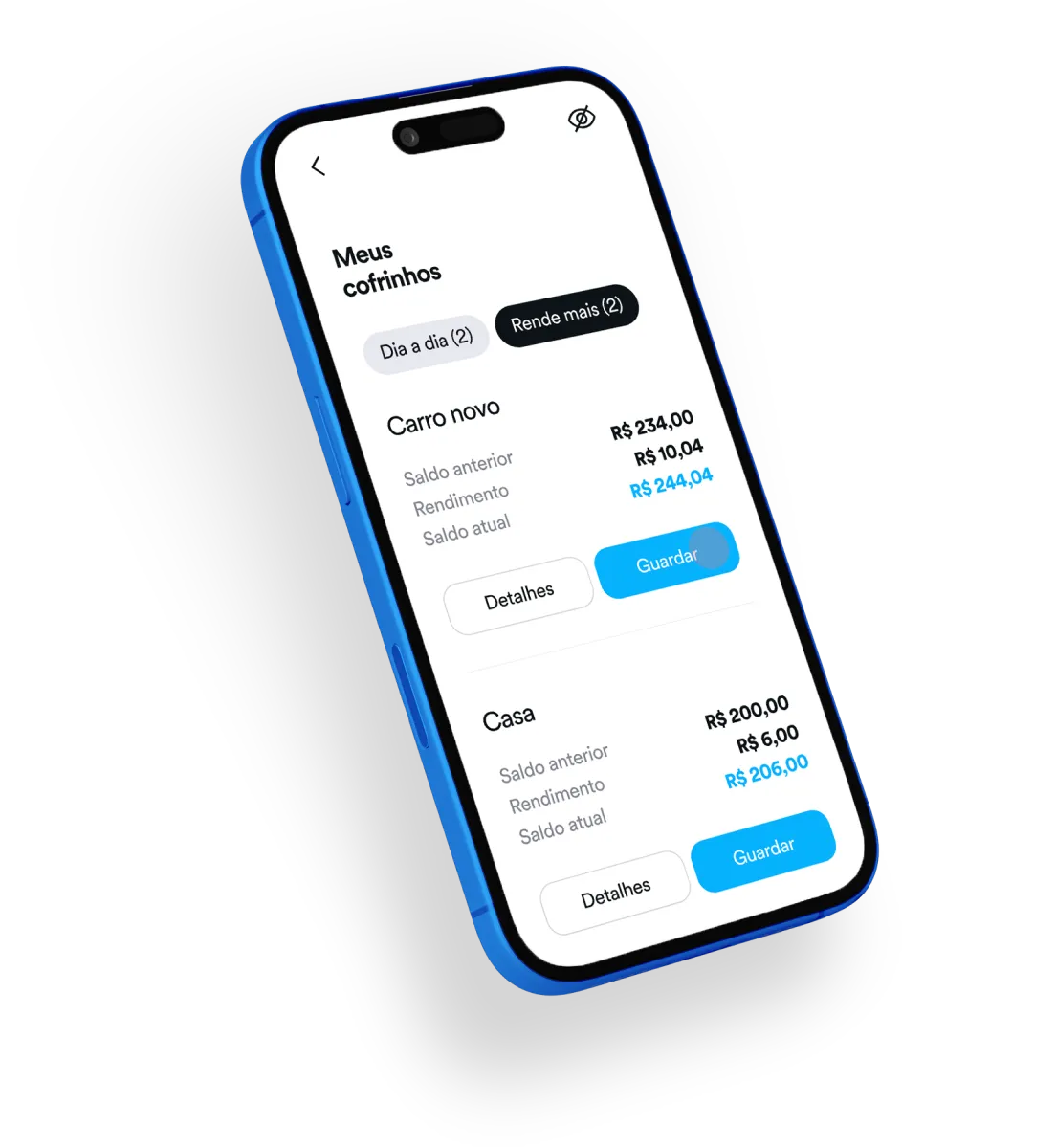 Celular com a tela aberta no aplicativo do Banco PAN demonstrando a tela de Meus Cofrinhos