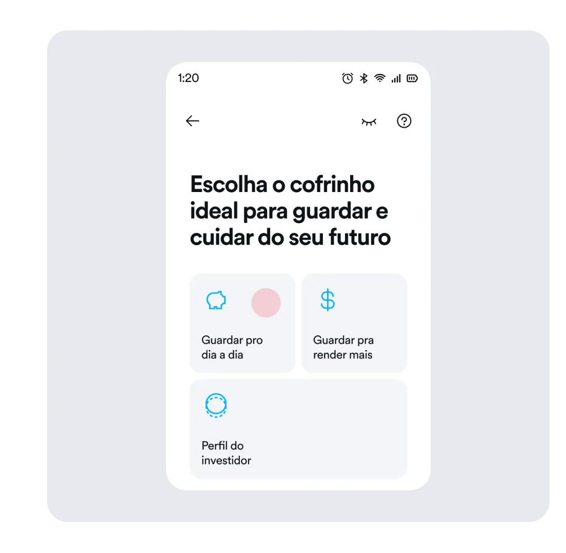 Tela de celular com o aplicativo do Banco PAN aberto demonstrando a funcionalidade de Cofrinhos Dia a Dia