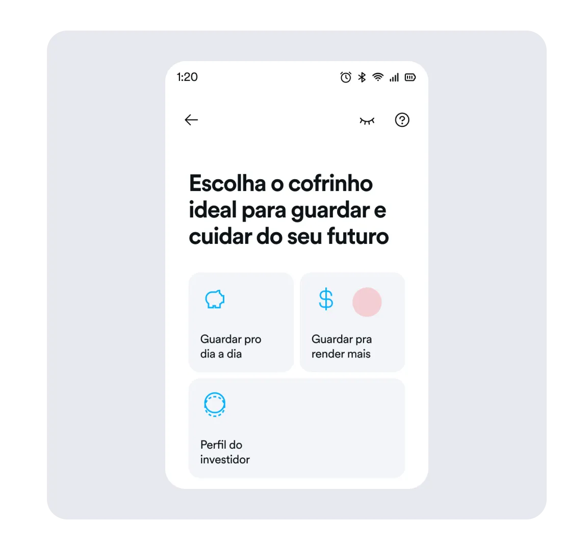 Tela de celular com o aplicativo do Banco PAN aberto demonstrando a funcionalidade de Cofrinhos Rende Mais